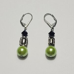 Lime Green Faux Pearl/Silver Toned Earrings Fashion Jewelry